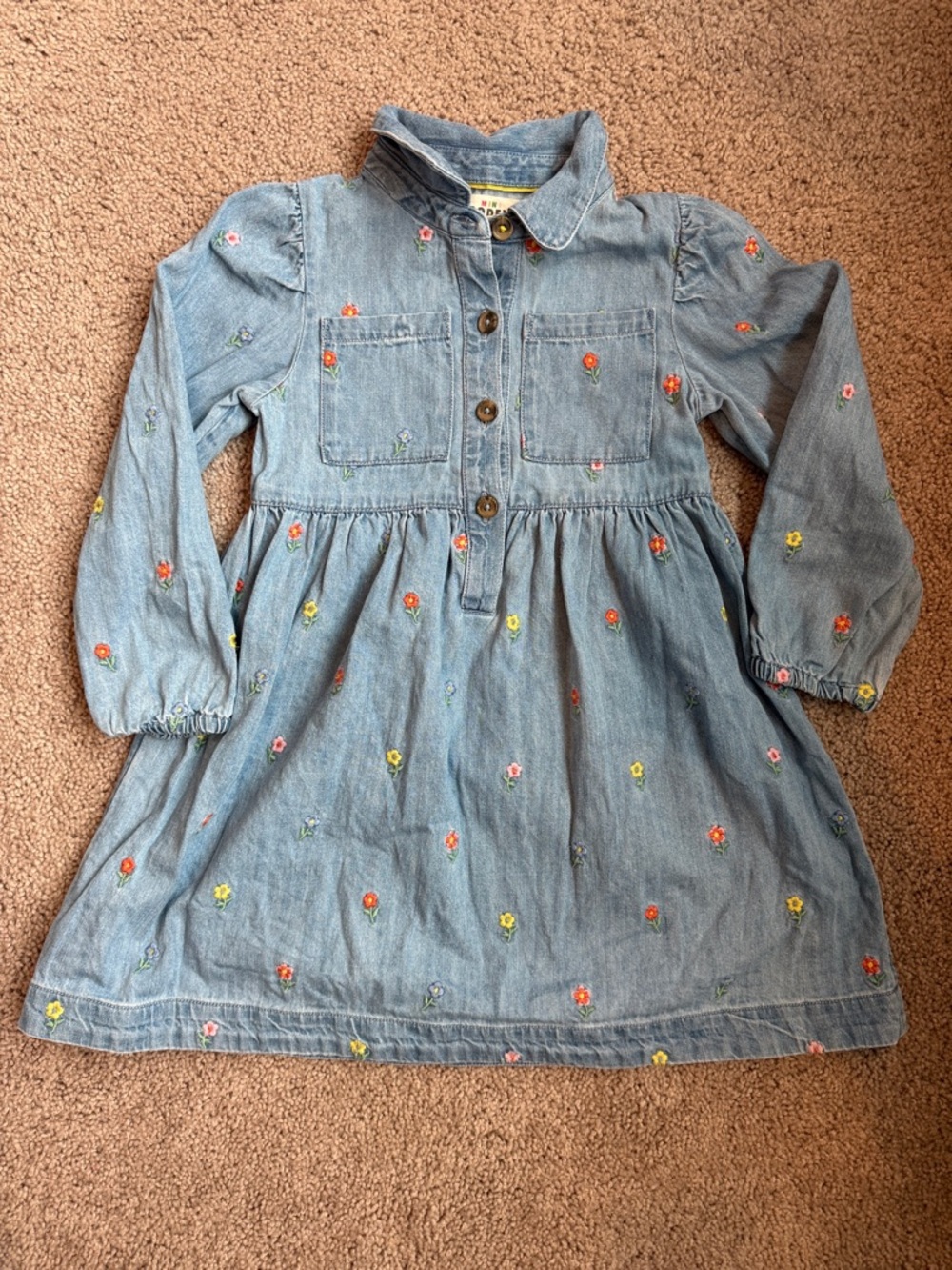 Mini Boden Light Blue Denim Dress with Multicolor Floral Embroidery